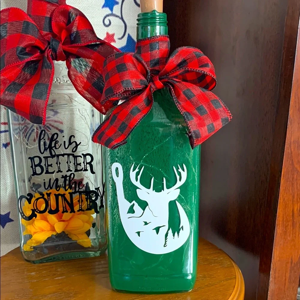 Hand Crafted Painted Green Bottle Lantern with Fish hook, Deer Design